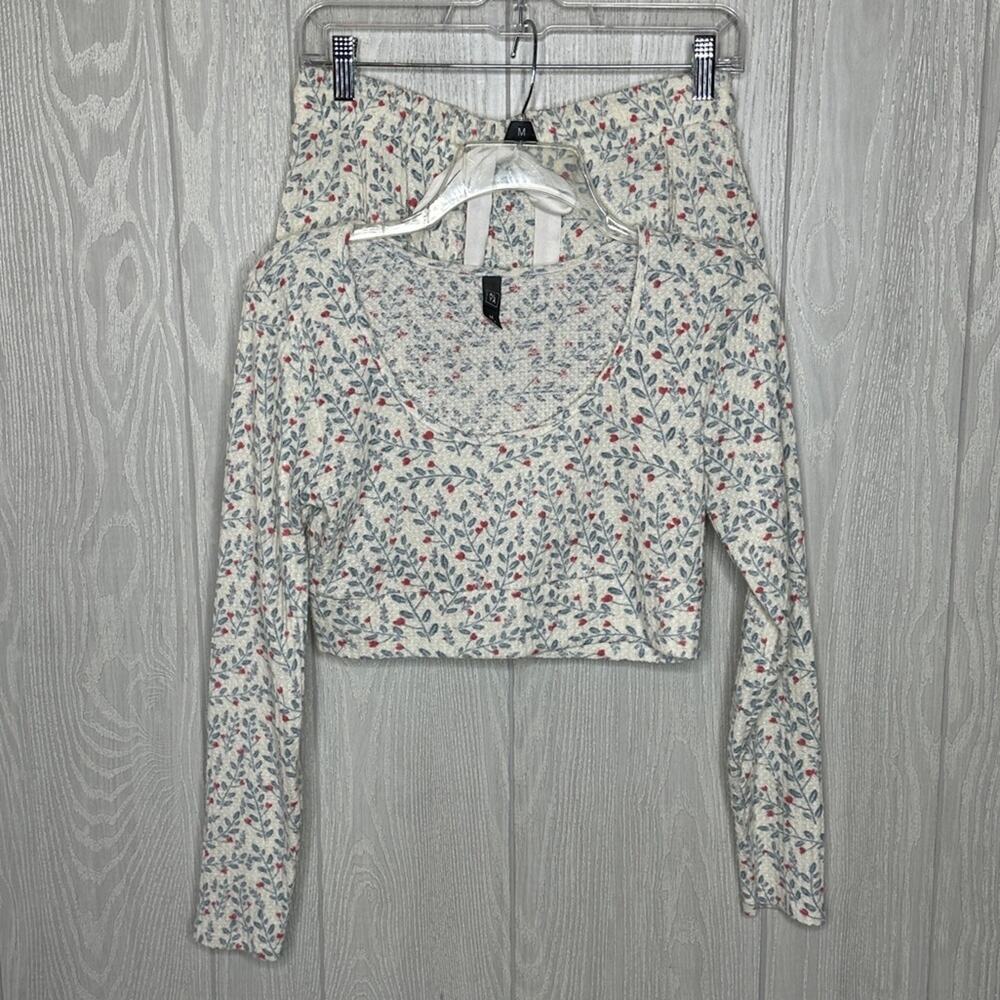 Alya Floral Long-Sleeve Pajama Set in Cream with Pink & Blue Accent